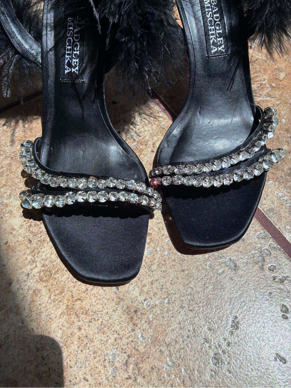 Badgley Mischka Harley  Black Feather and Crystal Stiletto Sandals - Picture 3 of 7